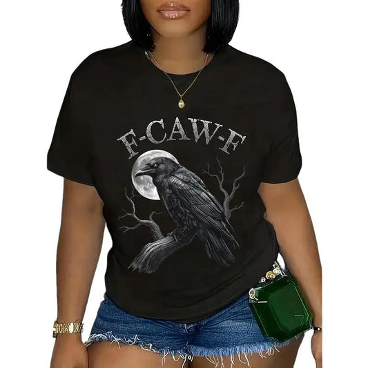 100% Cotton Black Crow F-CAW-F Funny Black Bird Moon Gothic Adult Humor T-Shirt Top Womenswear Everyday Graphic Vintage Streetwear Summer