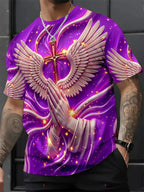Men's 3D Cross & Angel Wings Graphic T-Shirt, Slim-Fit Short Sleeve Christian Crew Neck Summer Tee