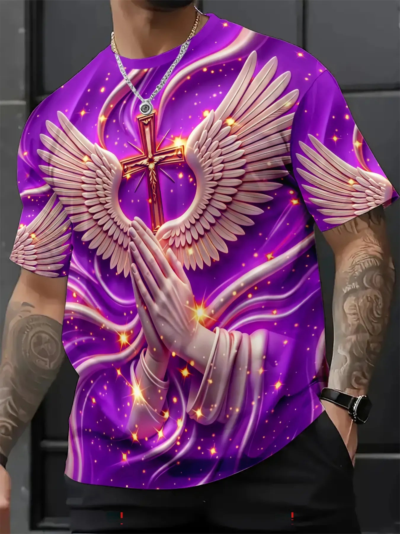 Men's 3D Cross & Angel Wings Graphic T-Shirt, Slim-Fit Short Sleeve Christian Crew Neck Summer Tee