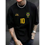Men's Graphic T-Shirt, Retro Brazil Football Jersey - Legendary Number 10, Casual Football Fan Outfit, Football Jersey, 100% Polyester Breathable Knit Fabric, Regular Fit Round Neck Design graphic tee