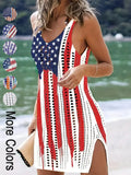 Women's American Flag Pattern Hollow Out Split Thigh Tank Dress, Star & Striped Print Scoop Neck A Line Dress for Summer, Fashion Women's Dress for Beach Holiday