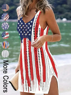 Women's American Flag Pattern Hollow Out Split Thigh Tank Dress, Star & Striped Print Scoop Neck A Line Dress for Summer, Fashion Women's Dress for Beach Holiday