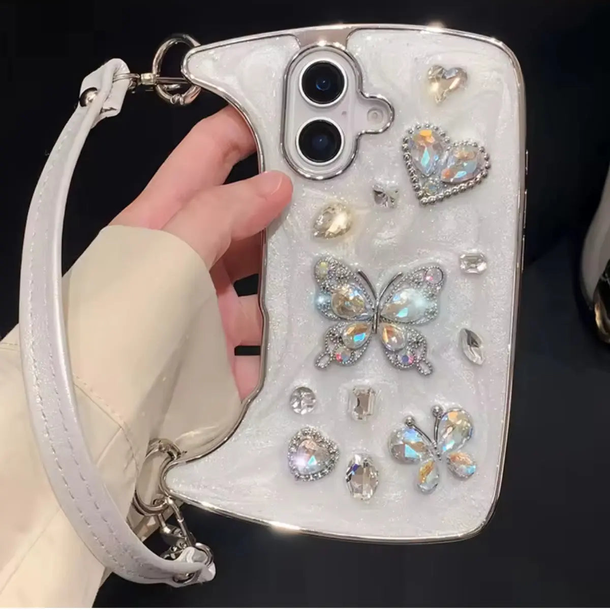 “Glitter Heart” Rhinestone iPhone Case with Hand Lanyard | Luxury Bling Phone Cover for Women Girls
