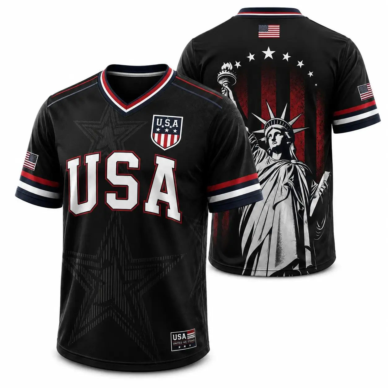 USA Flag Soccer Jersey for Men & Women with Statue of Liberty Graphic V-Neck Athletic Tee