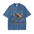 Men's Unisex Cotton Round Neck Oversized Washed T-Shirt - Christian Streetwear, Jonah and the Whale Graphic, \"Get In Loser We're Doing God's Will\" Verse, Faith Humor Fabric Style Religious Gift