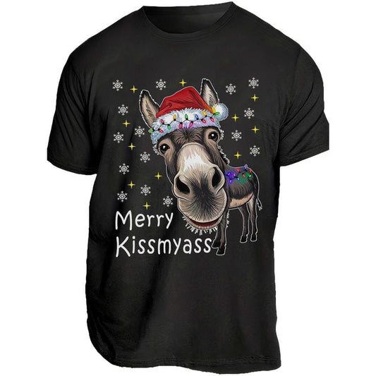 Men's Funny Donkey Santa Hat and MERRY KISSMYASS Christmas Print T-Shirt - Unisex Casual T-Shirt - Adult Humor Holiday Party Outfit