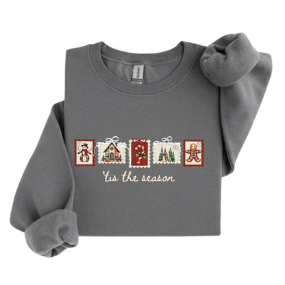 Retro Winter Stamp Sweatshirt, Patchwork Christmas Stamps Sweater, Coquette Christmas Sweatshirt, Winter Stamp Sweatshirt