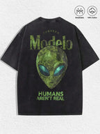 "Humans Aren't Real" Alien Graphic Tee - Vintage Washed Oversized Streetwear