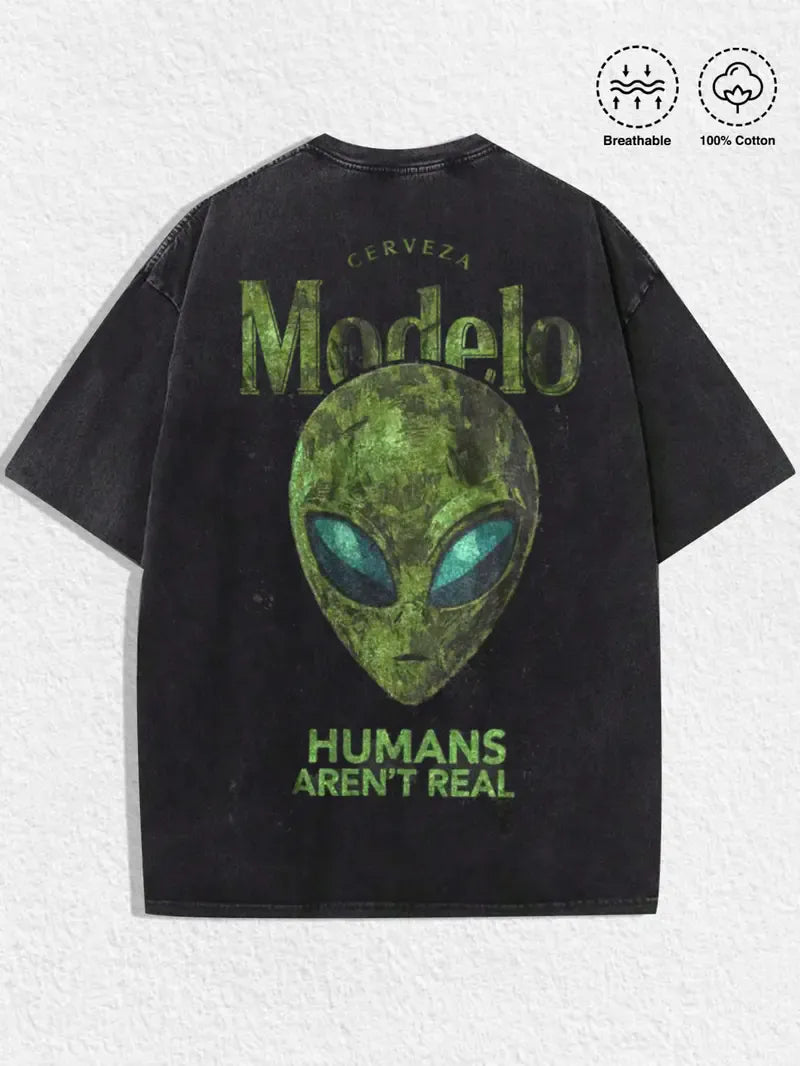 "Humans Aren't Real" Alien Graphic Tee - Vintage Washed Oversized Streetwear