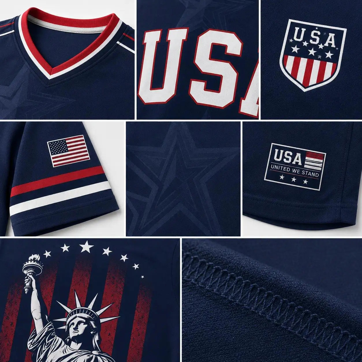 USA Flag Soccer Jersey for Men & Women with Statue of Liberty Graphic V-Neck Athletic Tee