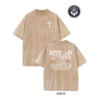 Men's Heavyweight 230gsm Cotton Vintage Washed T-Shirt - Dual-Sided "with God All Things Possible" & Cross Print, Loose Fit Hip Hop Streetwear, Round Neck Short Sleeve Casual Tee for Casual Attire, Ribbed Neckline Shirt Crewneck Knit Fabric Tshirt Knit