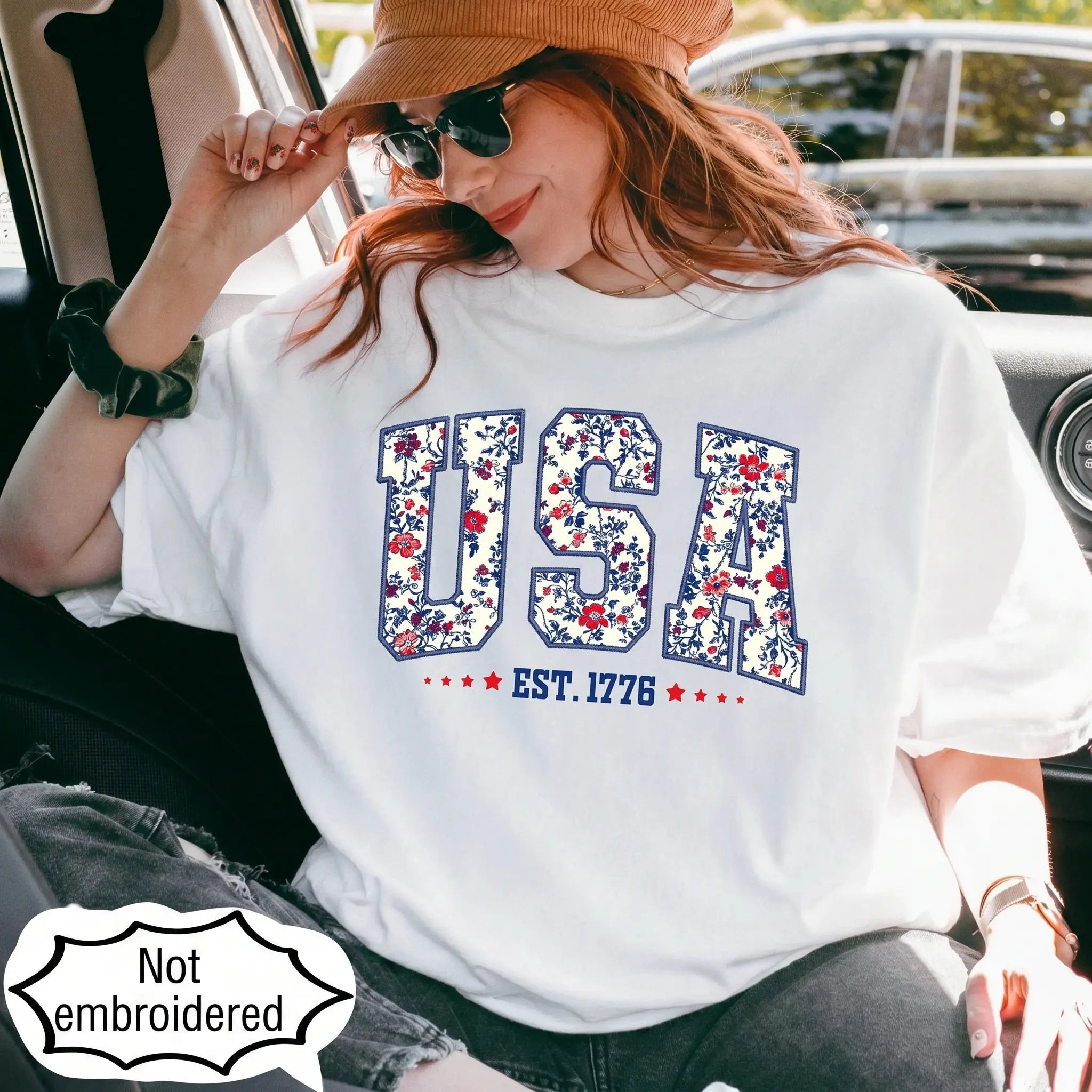 Faux Embroidered Floral USA Shirt | Comfort Colors Retro 4th of July Tee