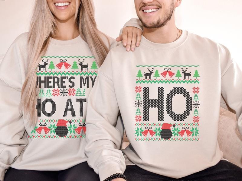 Funny Couples Christmas Sweatshirt, Where’s My Ho At & Ho Ugly Christmas Sweaters , Xmas Matching Shirt , Matching Husband Wife Christmas Party