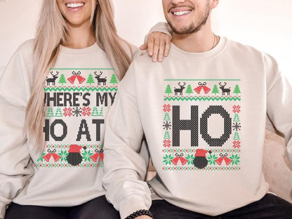 Funny Couples Christmas Sweatshirt, Where’s My Ho At & Ho Ugly Christmas Sweaters , Xmas Matching Shirt , Matching Husband Wife Christmas Party