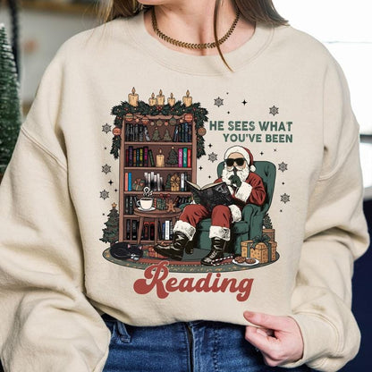 He Sees What You've Been Reading T-Shirt, Santa Reading Dark Romance Book Sweatshirt, Funny Bookish Christmas Hoodie, Smut Reader Gift, Spicy Book Lovers