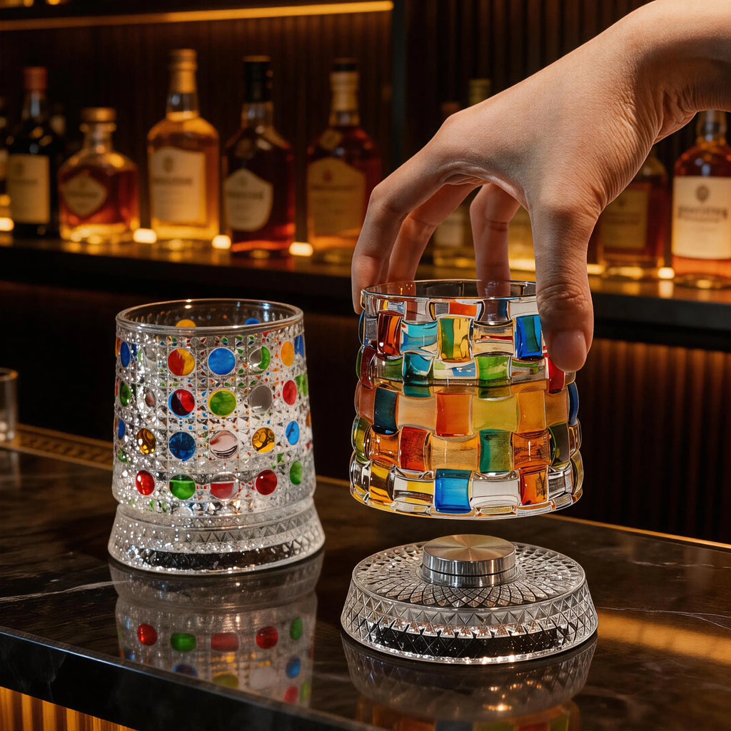 Hand-Painted Embossed Rotating Whiskey Glass – Minimal Luxury Crystal Tumbler with Smooth Spin Design