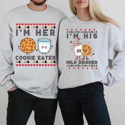 Matching Christmas Sweatshirt – Cookie Eater & Milk Drinker Couple Sweatshirt, Matching Christmas Couple Sweaters Funny, Holiday Couples Sweatshirt, Funny Christmas Hoodie for Couples, Matching Christmas Party