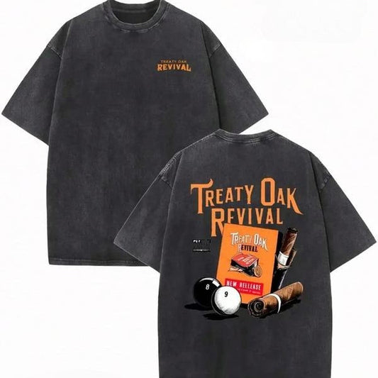 230G Washed Pure Cotton T-Shirt, With Black Background Orange 'Treaty Oak Revival' Text And Pattern Print