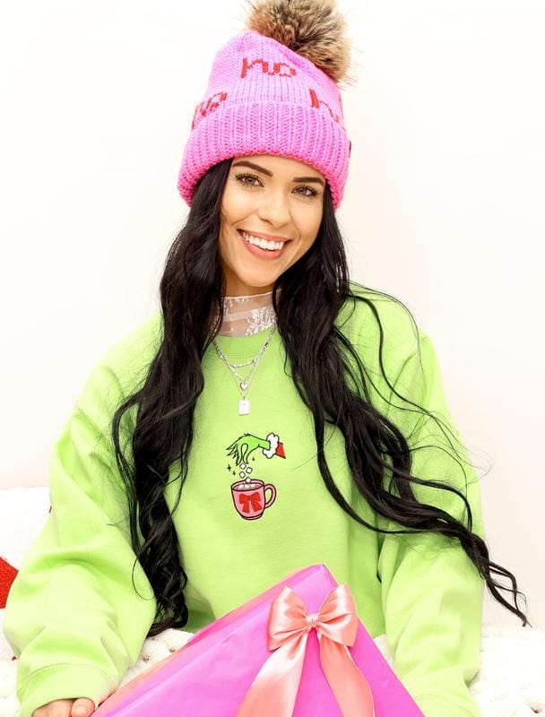 Embroidered Christmas Drink Sweatshirts Classic Womenswear Soft Long Sleeve Multicolor Crewneck for Winter Casual Everyday Wear Light Green Unisex