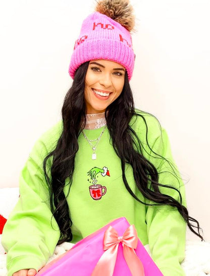 Embroidered Christmas Drink Sweatshirts Classic Womenswear Soft Long Sleeve Multicolor Crewneck for Winter Casual Everyday Wear Light Green Unisex