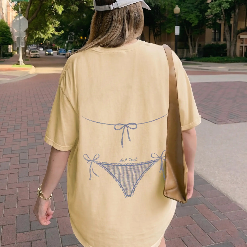 RodyThread Custom Bachelorette Party Bikini Graphic Oversized T-Shirt Women Brides Bridesmaids Coastal Coquette Preppy Beach Aesthetic White Cotton Blend Personalized Bride Tribe Matching Shirts Summer Vacation Top Custom Text
