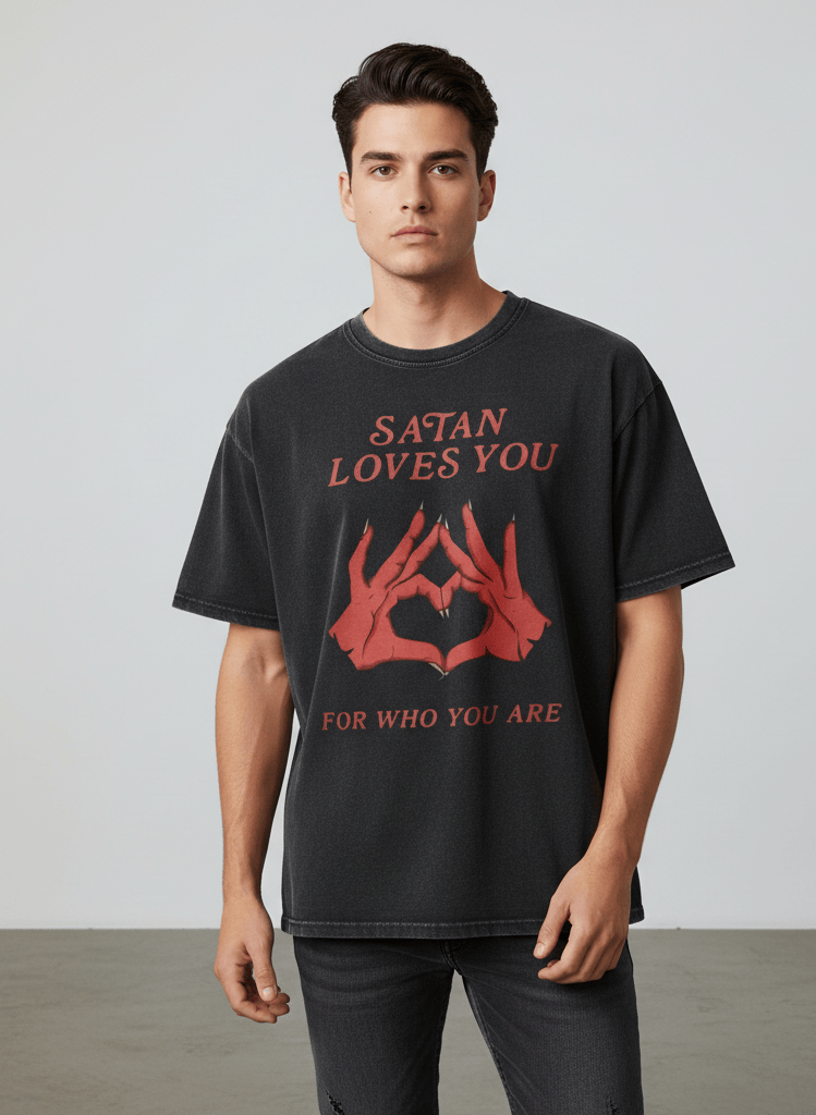 Men's T-Shirt Retro Edgy "Satan Loves You" Graphic Print Loose Fit Short Sleeved Top y2k Vintage Streetwear Christmas Thanksgiving Gift Cyber Monday - Distressed