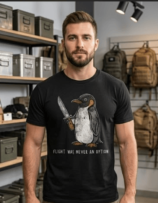 "Flight was Never an Option" Penguin Graphic Tee - Funny Sarcastic Meme T-Shirt for Men